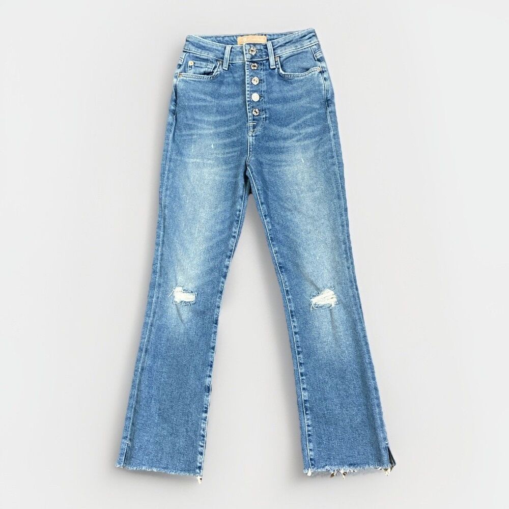 7 For All Mankind Blue Button-Fly Flare Jeans